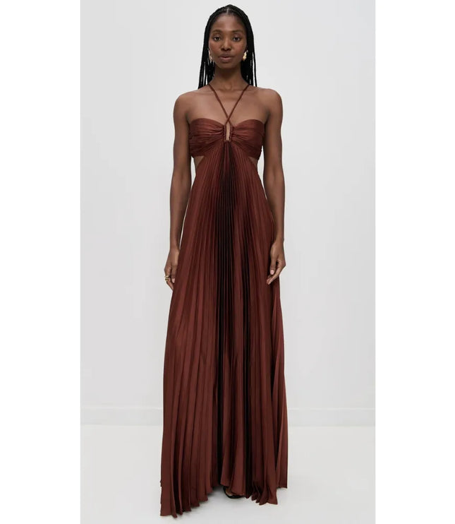 Brown maxi halter party dress with ruched bust and pleated skirt, front view