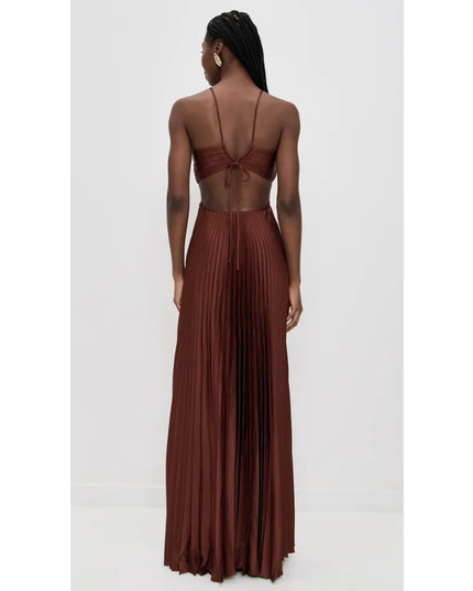 Back view of brown maxi halter party dress with crisscross straps and pleated skirt