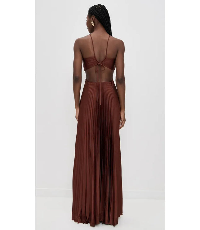 Back view of brown maxi halter party dress with crisscross straps and pleated skirt