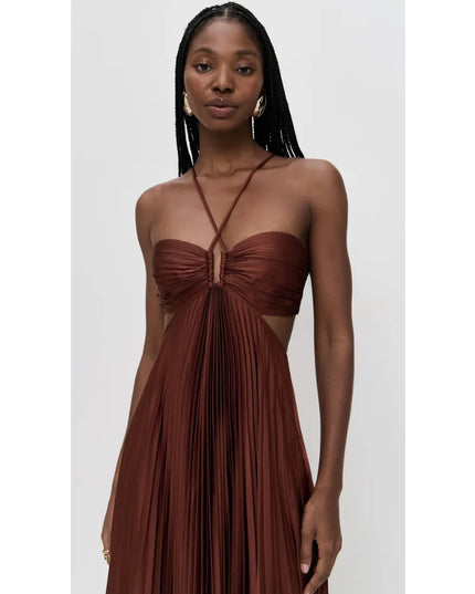 Close-up of brown halter party dress showing ruched bust and front keyhole detail
