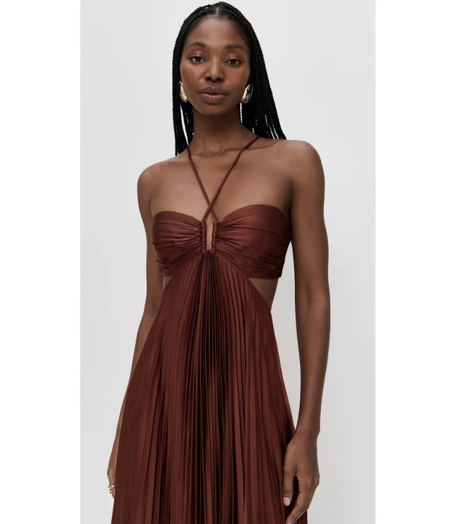 Close-up of brown halter party dress showing ruched bust and front keyhole detail