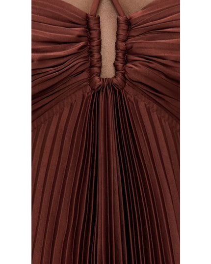 Purple maxi halter party dress with pleated skirt and fitted bodice, front view