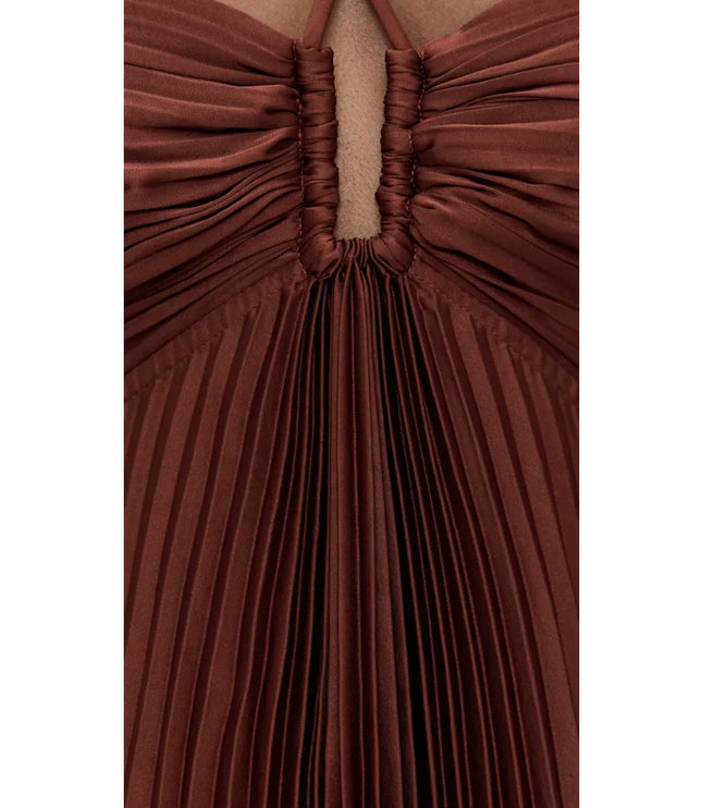 Purple maxi halter party dress with pleated skirt and fitted bodice, front view