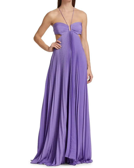 Side back view of purple halter maxi party dress with open back and flowing skirt