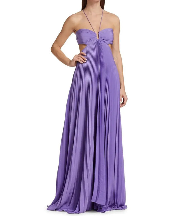 Side back view of purple halter maxi party dress with open back and flowing skirt