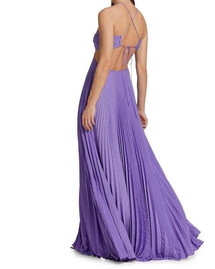 Back view of purple pleated maxi party dress with crisscross halter straps