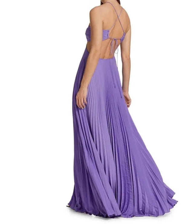Back view of purple pleated maxi party dress with crisscross halter straps
