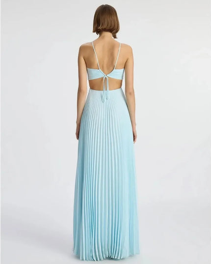 Back view of light blue maxi party dress with open back, halter straps, and pleated skirt