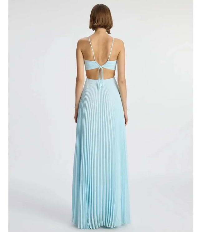 Back view of light blue maxi party dress with open back, halter straps, and pleated skirt