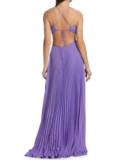 Purple maxi halter party dress back view with open back and long pleated skirt