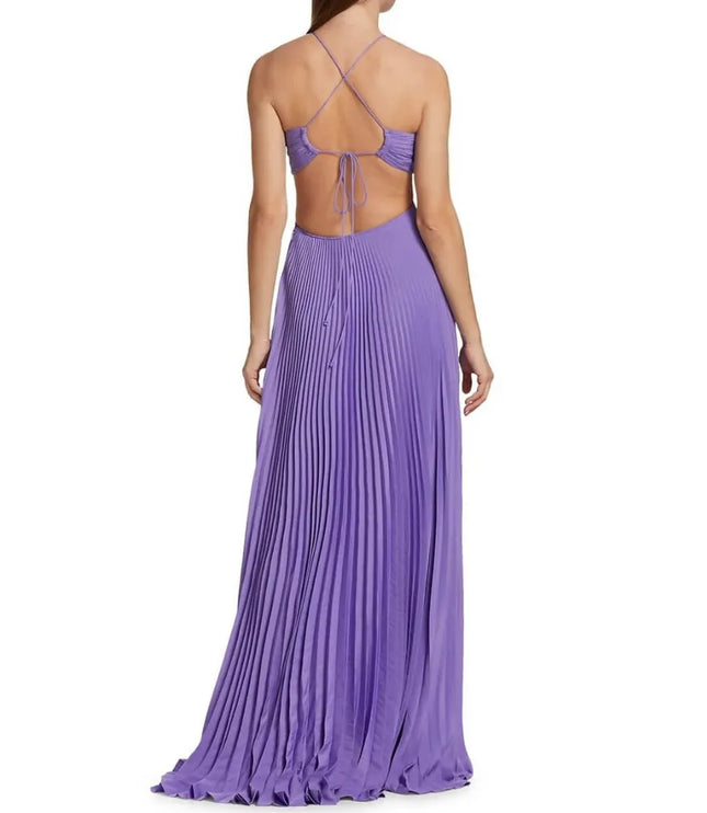 Purple maxi halter party dress back view with open back and long pleated skirt
