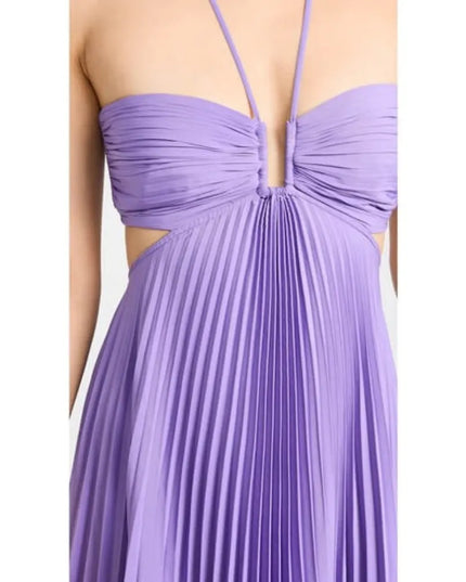 Lavender women maxi halter party dress with pleated bodice and cutout sides