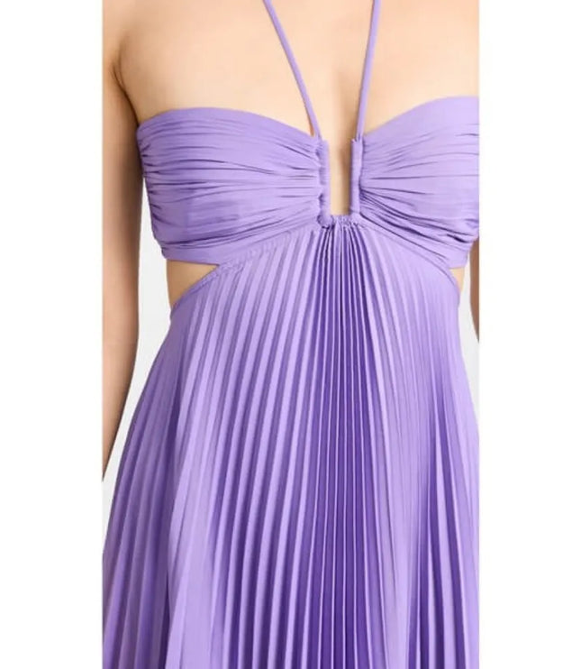 Lavender women maxi halter party dress with pleated bodice and cutout sides