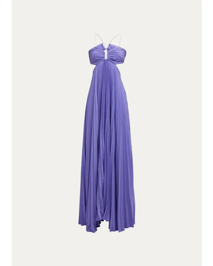 Front view of lavender maxi halter party dress with flowing pleated skirt