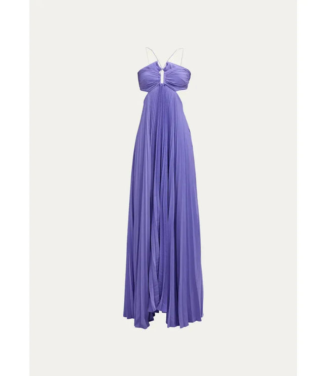 Front view of lavender maxi halter party dress with flowing pleated skirt
