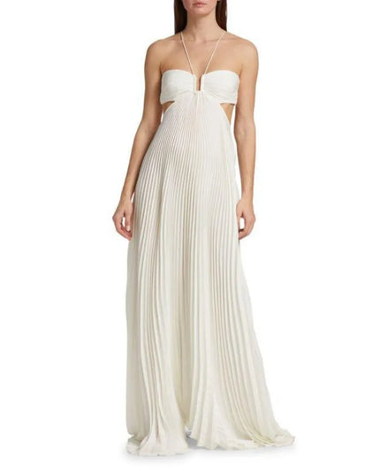 Front view of ivory maxi halter party dress with strapless pleated bodice and long skirt