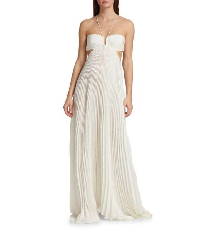 Front view of ivory maxi halter party dress with strapless pleated bodice and long skirt