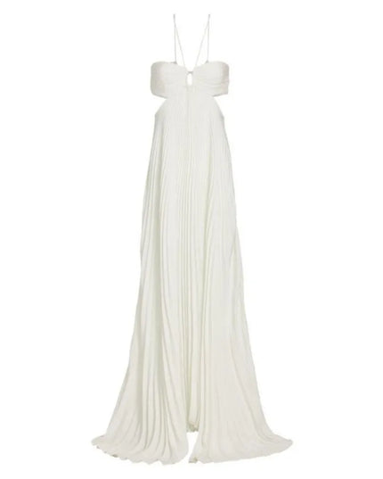 Back view of ivory women maxi halter party dress with pleated drape and open back