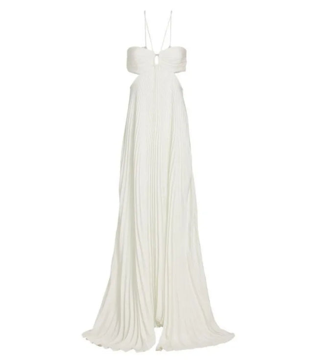Back view of ivory women maxi halter party dress with pleated drape and open back