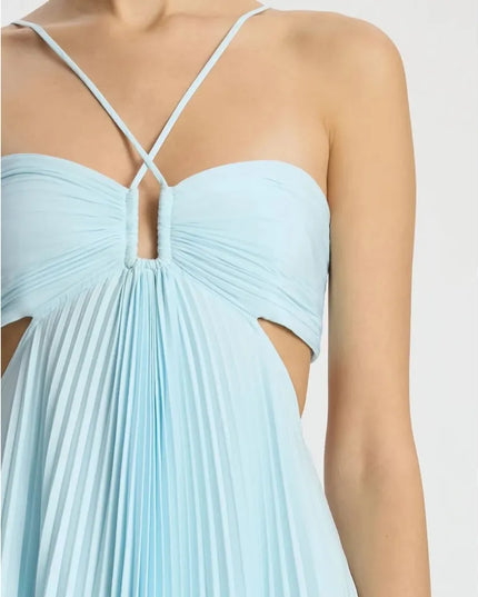 Close-up of light blue halter maxi dress showing ruched bust, center cutout, and side openings