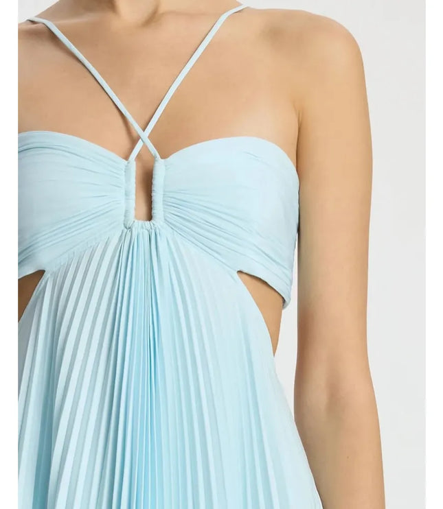 Close-up of light blue halter maxi dress showing ruched bust, center cutout, and side openings