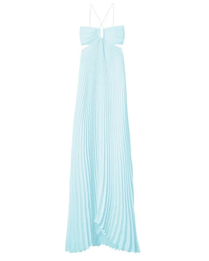 Light blue pleated maxi party dress shown flat with halter straps, cutout sides, and long skirt