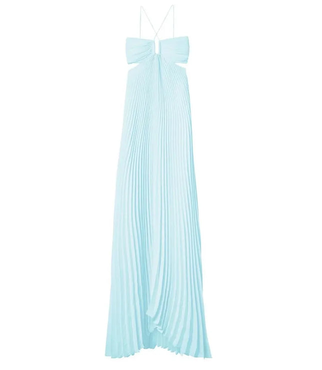 Light blue pleated maxi party dress shown flat with halter straps, cutout sides, and long skirt