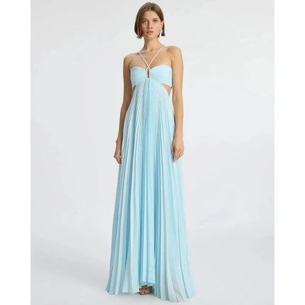 Light blue maxi halter party dress with pleated skirt and side cutouts, front view