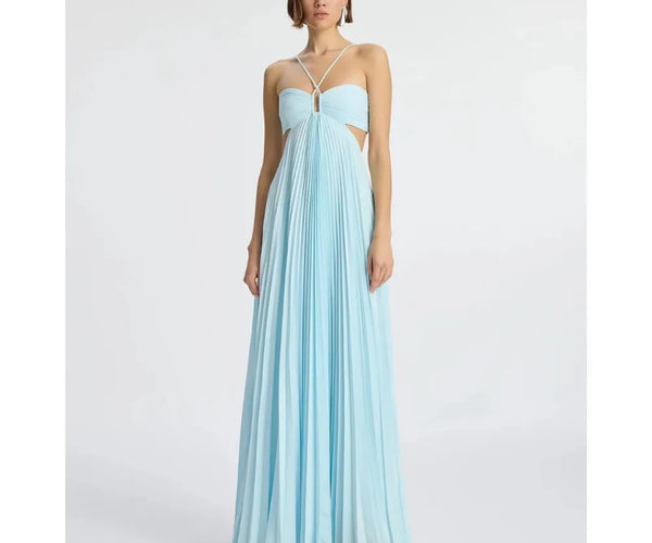 Women's Pleated Halter Cut-Out Summer Party Maxi Dress - White / Ivory / M - Fashion - Elysa Studio