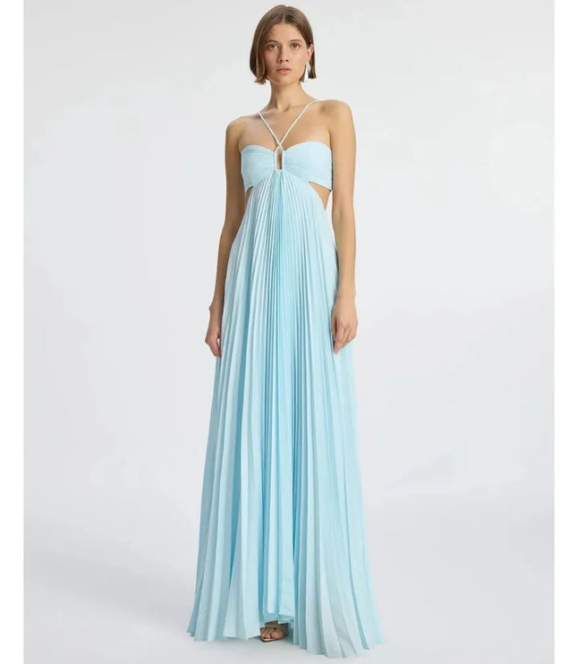 Light blue maxi halter party dress with pleated skirt and side cutouts, front view