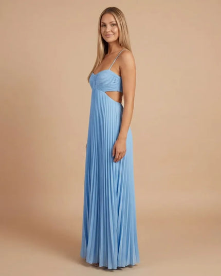 Side view of a light blue pleated halter maxi dress with cutout waist and flowing skirt