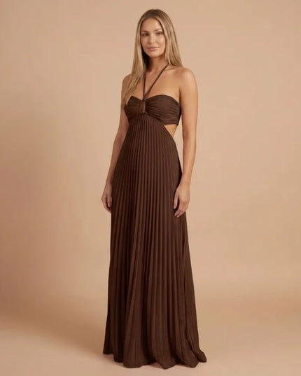 Front view of chocolate brown pleated halter maxi dress with ruched bust and side cutout