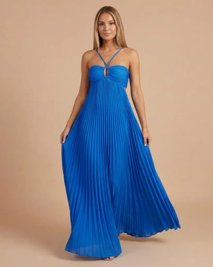 Front view of a bright blue pleated halter maxi dress with keyhole neckline and full flowing skirt