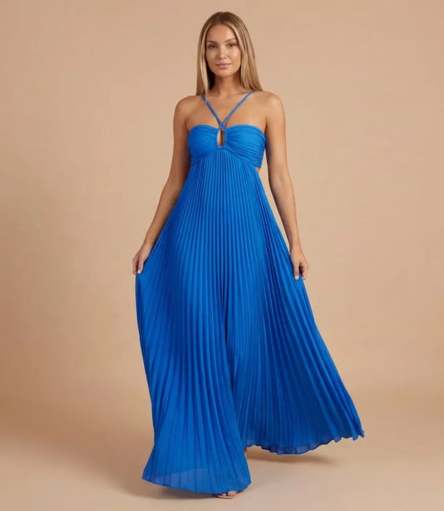 Front view of a bright blue pleated halter maxi dress with keyhole neckline and full flowing skirt