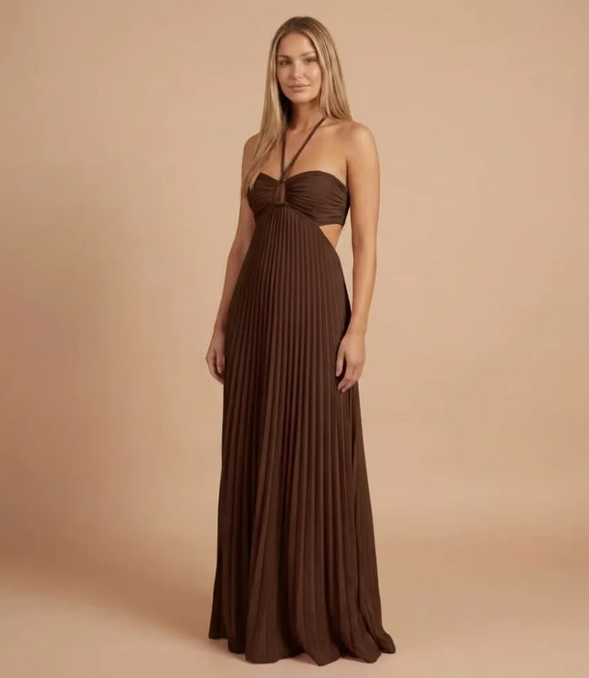 Front view of chocolate brown pleated halter maxi dress with ruched bust and side cutout