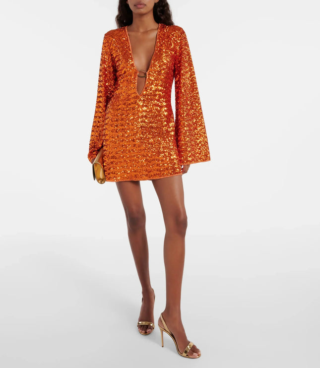 Women's Plunge Sequin Dress with Bell Sleeves