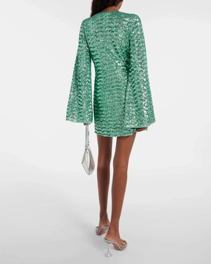 Women's Plunge Sequin Dress with Bell Sleeves