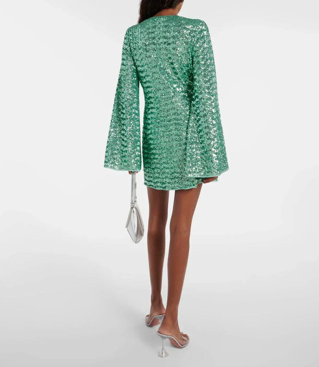 Women's Plunge Sequin Dress with Bell Sleeves