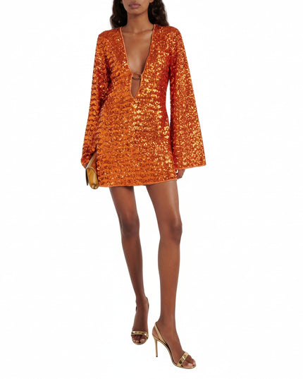 Women's Plunge Sequin Dress with Bell Sleeves