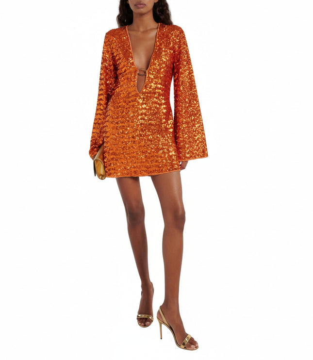Women's Plunge Sequin Dress with Bell Sleeves
