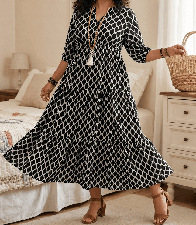 Women's Plus Size Maxi Dress with Pockets in a Tiered Print