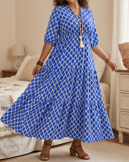 Women's Plus Size Maxi Dress with Pockets in a Tiered Print