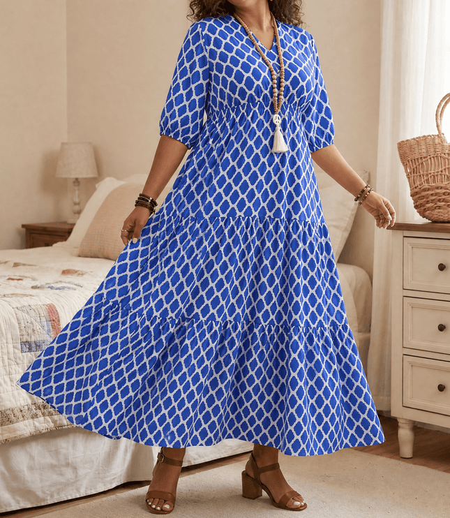 Women's Plus Size Maxi Dress with Pockets in a Tiered Print