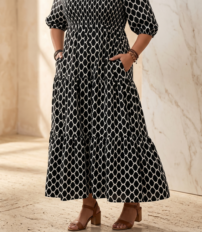 Women's Plus Size Maxi Dress with Pockets in a Tiered Print