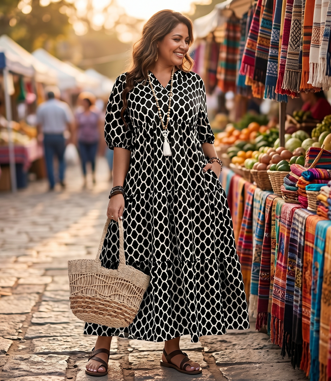 Women's Plus Size Maxi Dress with Pockets in a Tiered Print