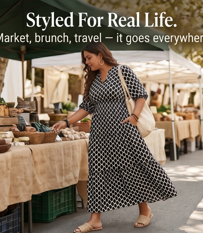 Women's Plus Size Maxi Dress with Pockets in a Tiered Print