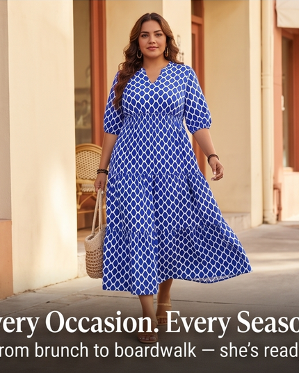 Women's Plus Size Maxi Dress with Pockets in a Tiered Print