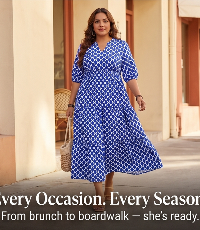 Women's Plus Size Maxi Dress with Pockets in a Tiered Print