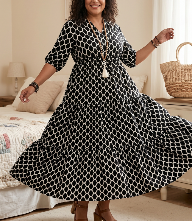 Women's Plus Size Maxi Dress with Pockets in a Tiered Print