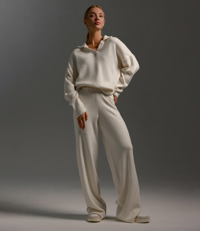 Women's Polo Sweater and Wide-Leg Pants Lounge Set